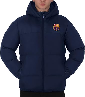 FC Barcelona Mens Quilted Jacket Hooded Winter Coat Adults Official Soccer Gift
