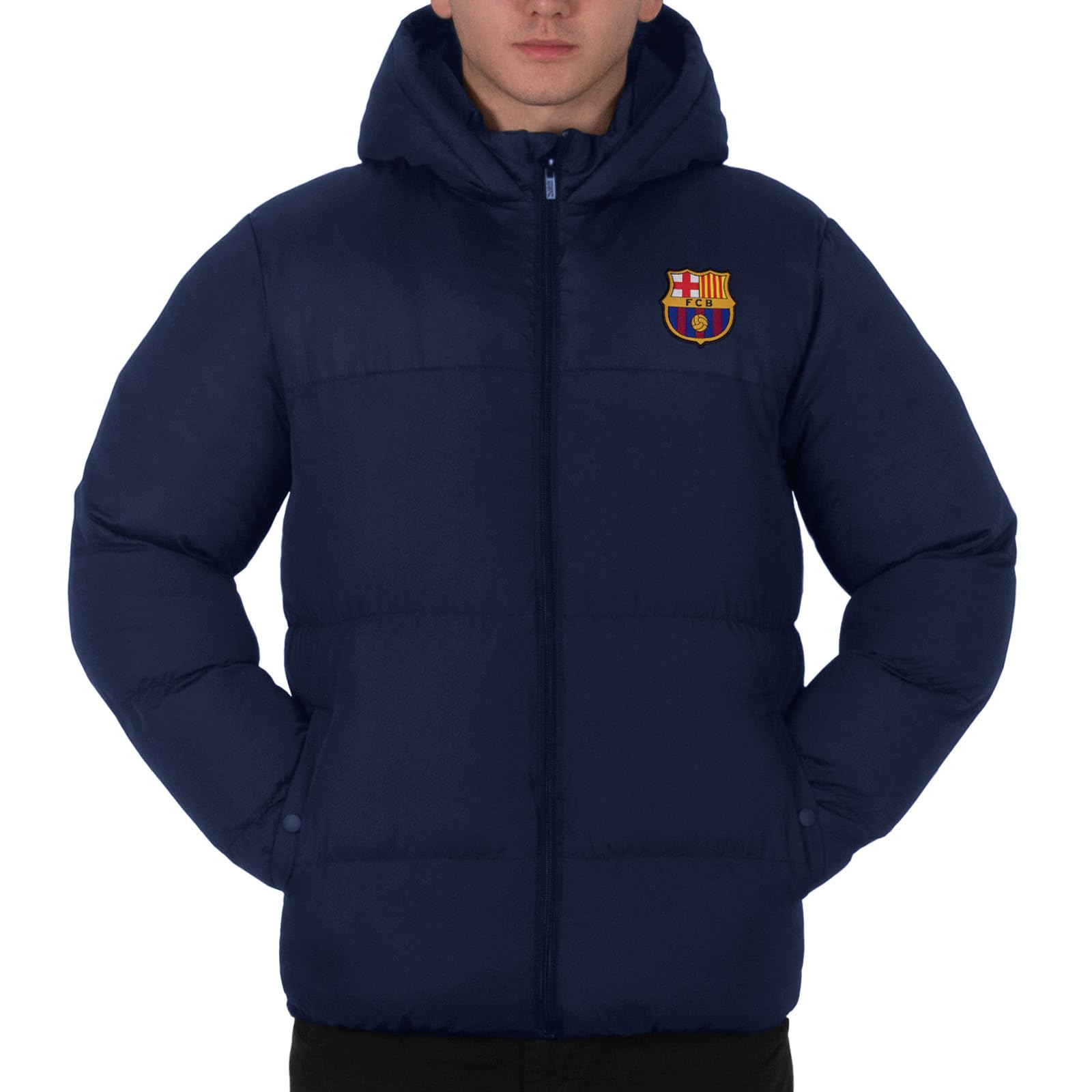 Fc Barcelona Men's Navy Quilted Jacket Hooded Winter Coat Official Gift Xl