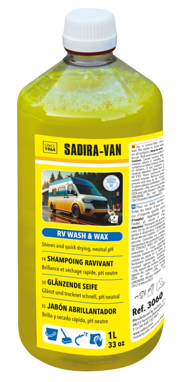 SADIRA VAN Jabón concentrado para autocaravanas 1 L. Limpieza impecable y protección duradera contra marcas de cal en cristales y fibra. Accesorio de mantenimiento de autocaravanes