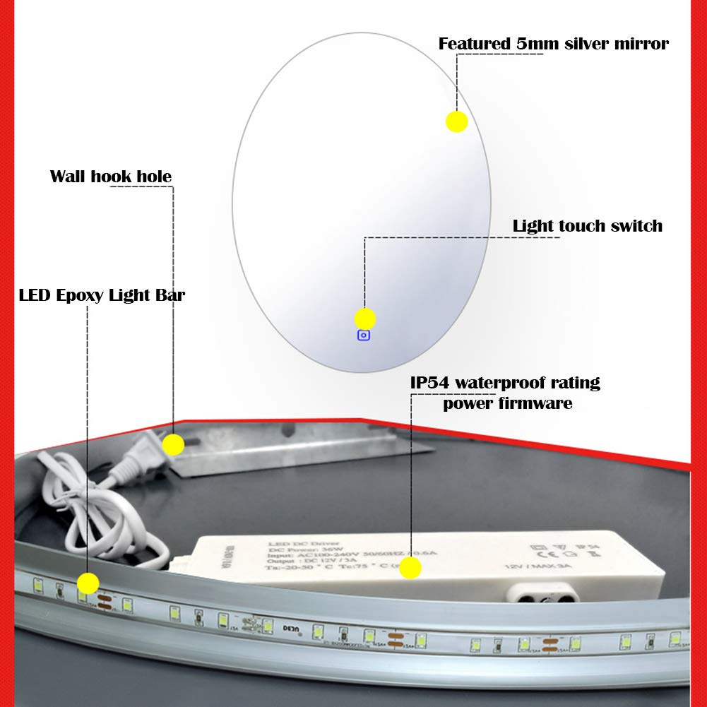 50/60/70/80cm LED-verlichte badkamer wandgemonteerde spiegel, make-up ijdelheid aanraakspiegel met verlichting, ontwasemingskussen, IP44 waterdicht