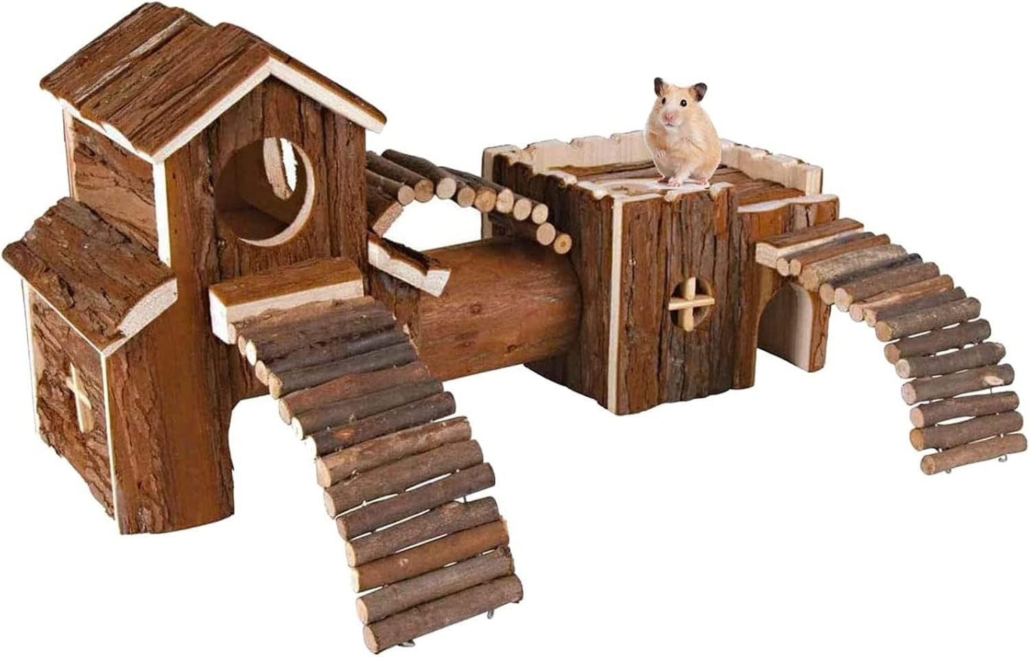 Natural Wooden Hamster Tunnel Playground Small Animal Multi-Room Hideout Houses with Climbing Ladders and Bridges for Dwarf Hamster Mice Gerbil (18.5x8.7x6in)
