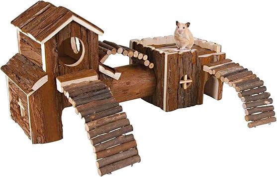 Natural Wooden Hamster Tunnel Playground Multi-Room Hideout Houses with Climbing Ladders and Bridges for Dwarf Hamster Mice Gerbil 18.5x8.7x6in