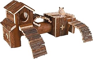 Natural Wooden Hamster Tunnel Playground Small Animal Multi-Room Hideout Houses with Climbing Ladders and Bridges for Dwarf Hamster Mice Gerbil (18.5x8.7x6in)