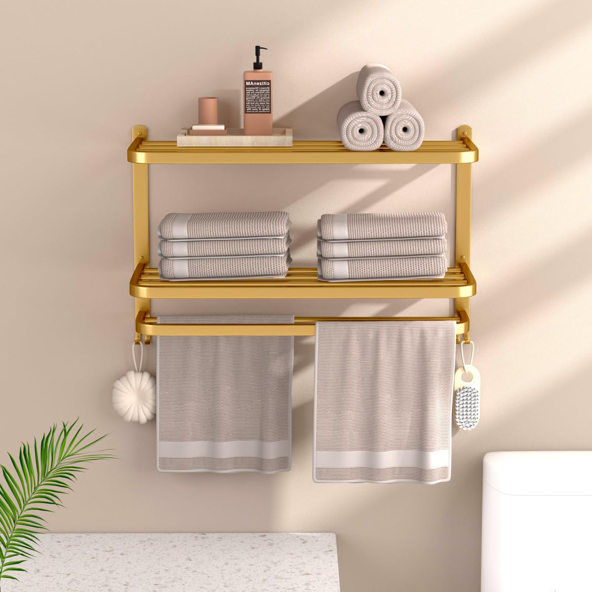 3-stöckige goldene Handtuchhalter für Badezimmer mit Handtuchstangen Mehrschichtiges Hotel Handtuchregal Edelstahl Wandmontage Gebürstete Oberfläche Halter mit Handtuchregalen 58.4 cm