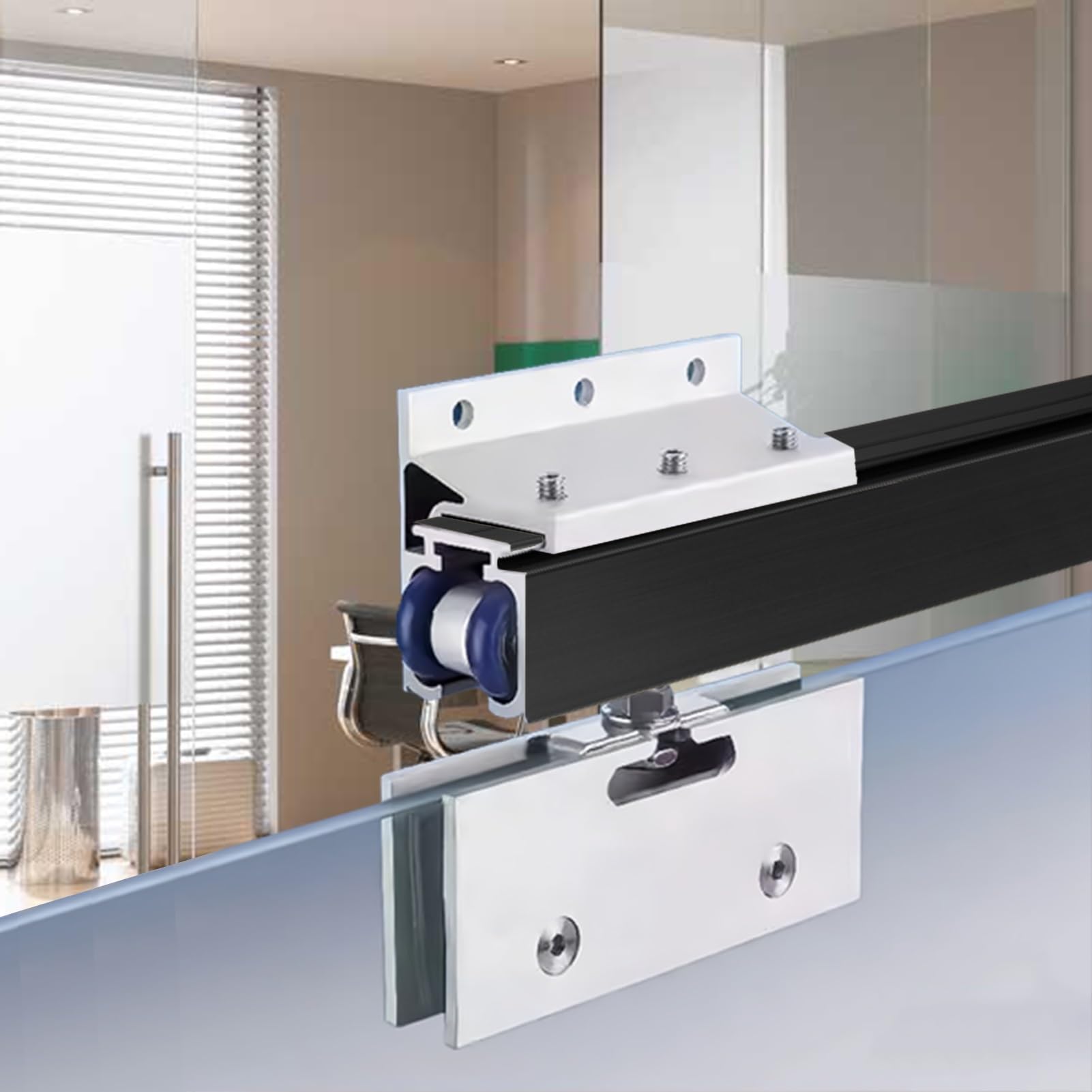 Heavy Duty Glass Sliding Door Track Kit with Wall Mounted Bracket Soft Close Mechanism for Shower Closet & Office 130cm/4.3ft Black Barn Door Hardware Set