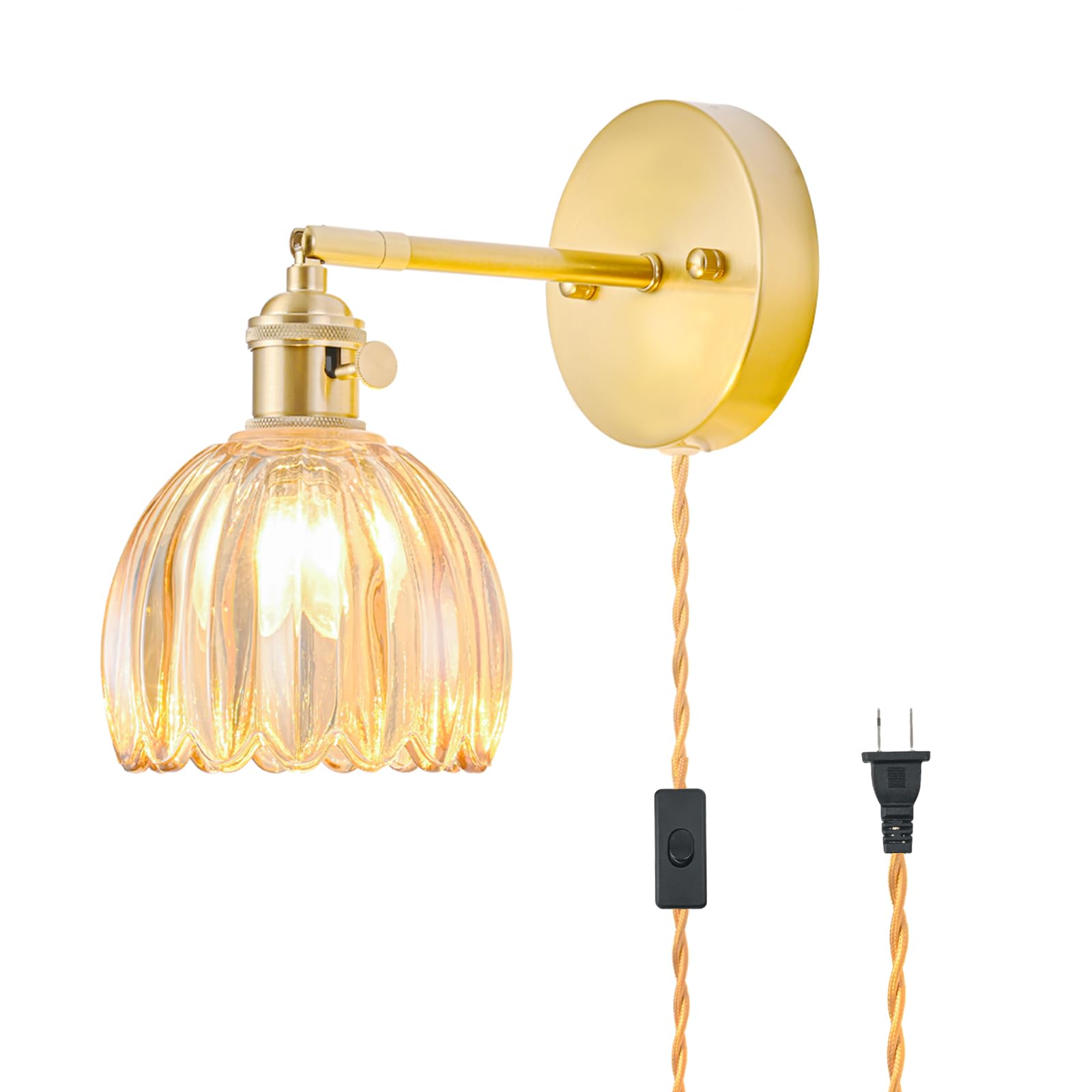 LINSEEDS Plug in Wall Sconce, Vintage Sconce Light with Tulip Amber Glass Lampshade, Bedside Wall Sconce with Switch and Plug in Wall Lamp Cord, Gold Wall Light for Bedroom — image 1