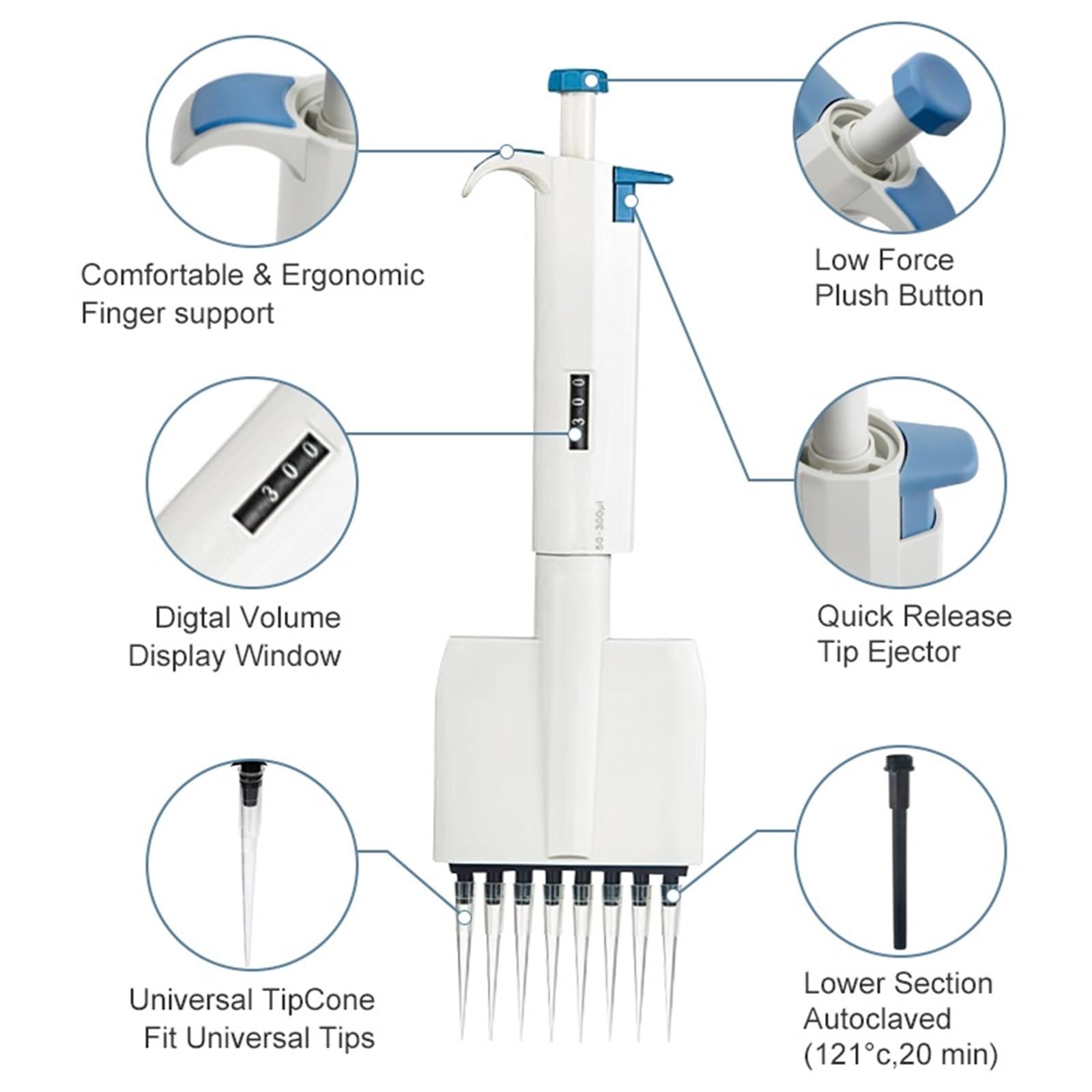 Mikropipette, Mehrkanal-Pipette mit variablem Volumen, 0,5 μl – 300, manuell, digital, einstellbar, 8/12 Kanäle, Mikropipette(8 Channels 50-300ul)