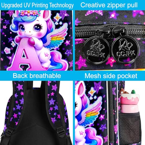 Image of CCJPX 3Pcs Unicorn Backpack, 16 inch Girls Bookbag with Lunch Box, Kids Water Resistant Elementary School Bag for Kindergarten Preschool Toddler (Black)