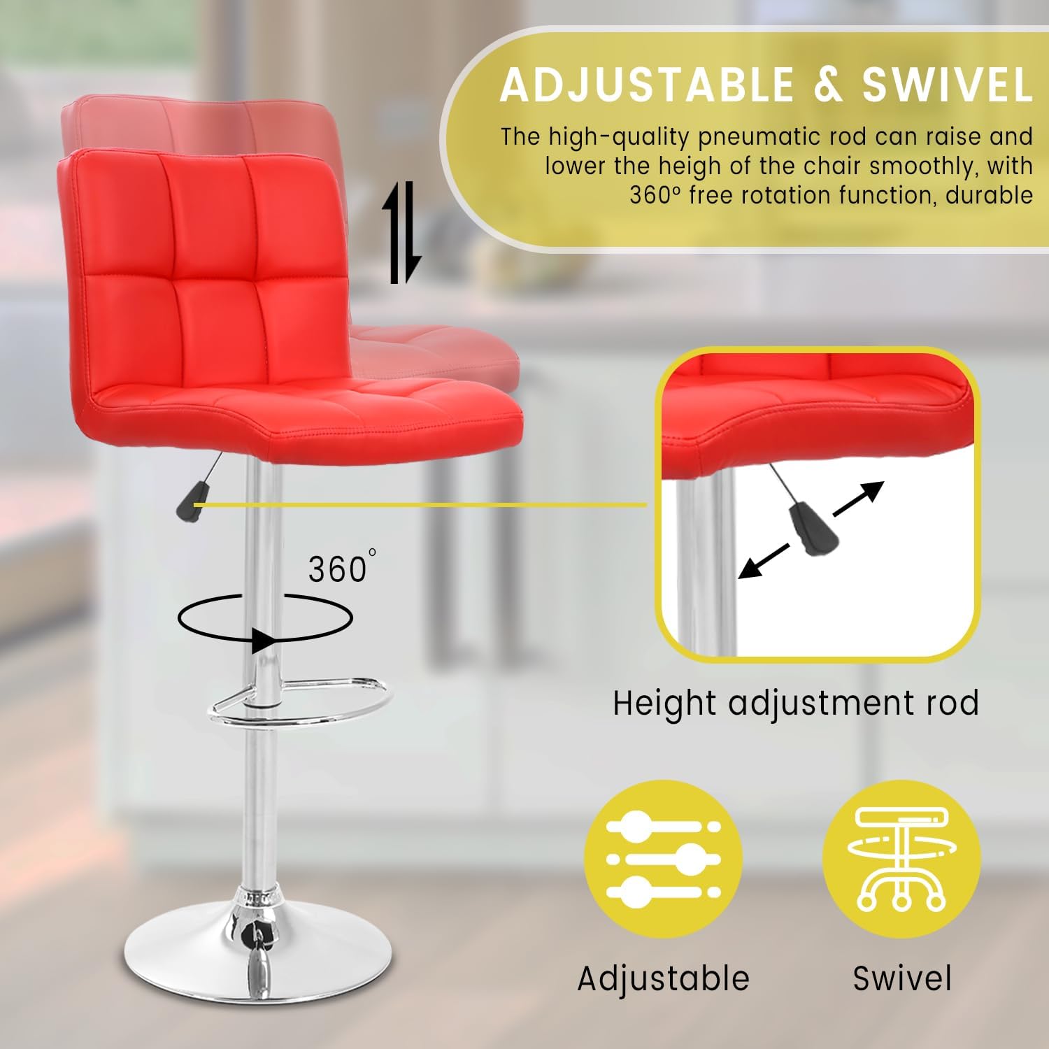 Dopinmin Counter Bar Stools Set of 2 Barstools Swivel Stool Height Adjustable Bar Chairs with Back PU Leather Swivel Bar Stool Kitchen Counter Stools Dining Chairs,Red, BC-06-Red