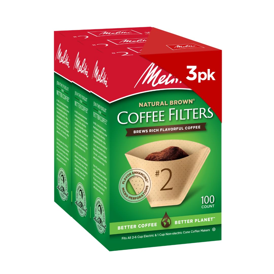 Melitta #2 Unbleached Natural Brown Cone Coffee Filters, 100 Count Pack of 3 (300 Total Count)