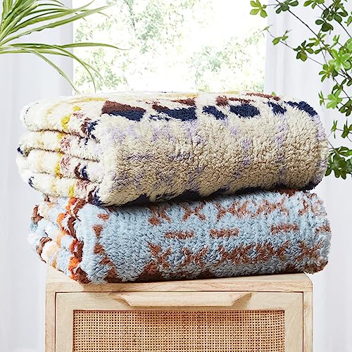 CASAAGUSTO Boho Sherpa Throw Blanket, Aztec, Ultra Soft, Warm, Cozy, Plush, Thick Fleece Bohemian Throw Blanket for Couch, Bed, Sofa (Khaki 50 * 60 Inch)