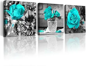 DZRWUBHS Large Wall Art For Living Room 3 Piece Wall Decor For Bedroom Black And White Paintings Flowers Pictures Blue Rose Boho Office Wall Art Prints Ready To Hang Room For Girls Home Decoration