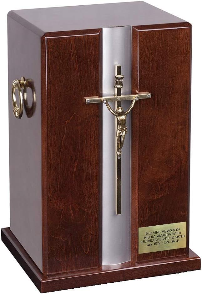 Remember Forever Beautiful Adult cremation casket urn for ashes Catholic Wooden Urn with Cross, Personalised Urn with Memorial Plaque (Dark Brown+Memorial Plaque)