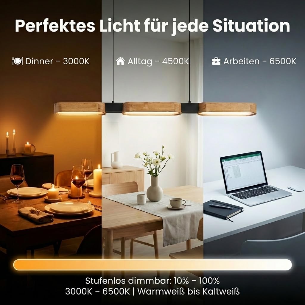 LED Pendelleuchte Holz für Esstisch, Esszimmerlampe 3-Flammig Dimmbar mit Fernbedienung, Moderne Hängeleuchte für Küche, Esszimmer & Wohnzimmer, 25W 2500lm, 3000–6500K, Timer & Memory Funktion