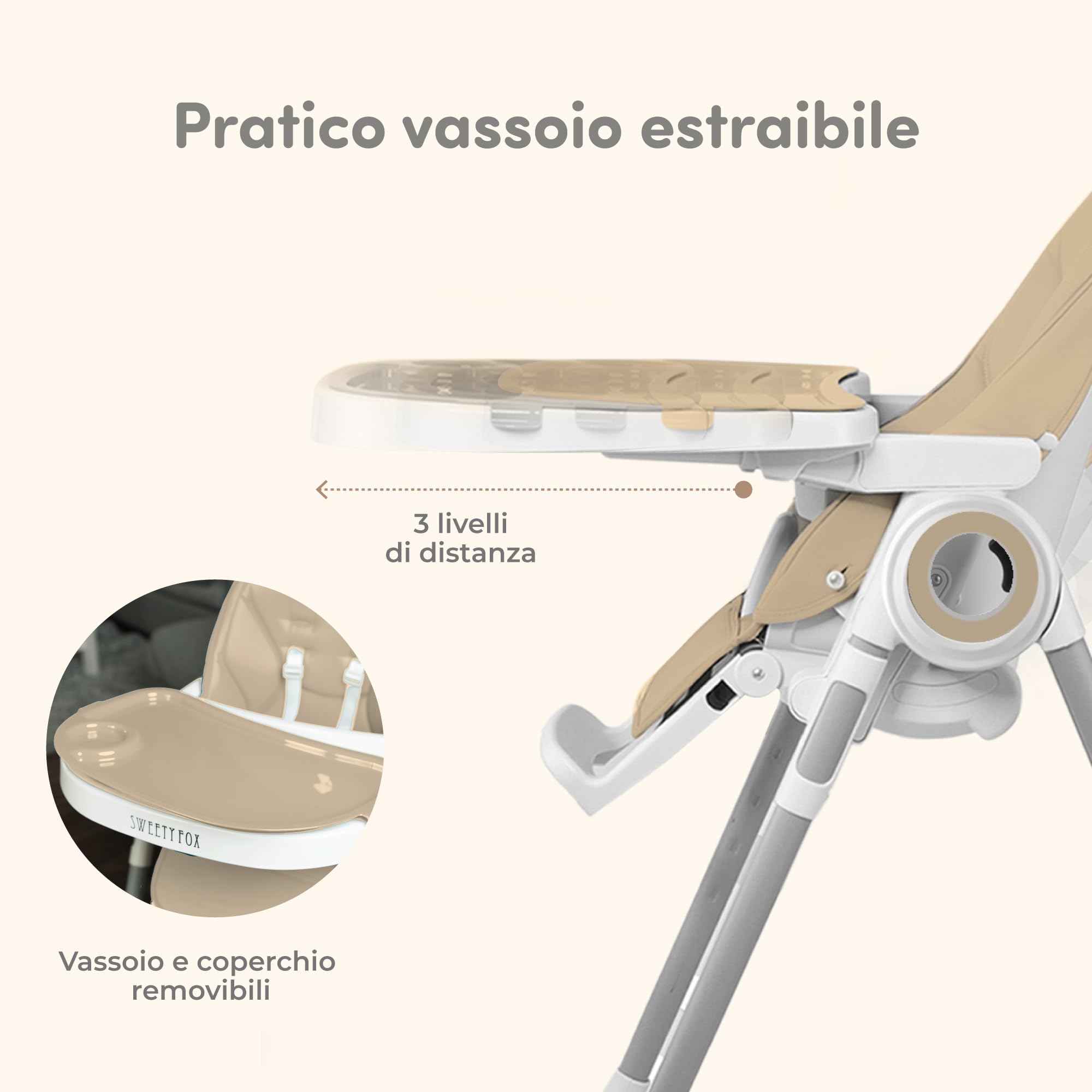 Seggiolone Pappa Regolabile e Pieghevole - 7 Livelli Diverse, Schienale Bambino Pieghevole 5 Posizioni, Ripiano Smontabile, Vassoio a Clip (Facile da Pulire) - Beige