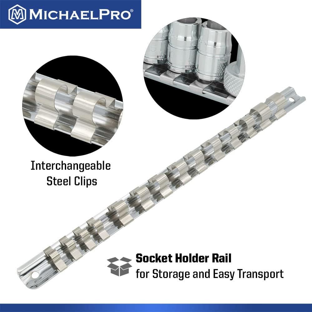 MichaelPro 16-Piece Torx Bit Socket Set with Rail, 1/4'', 3/8'' and 1/2'' Drives, T8 - T70, High Torque Resistant S2 Steel, Socket Adapters and Rail Organizer Included - MP012022