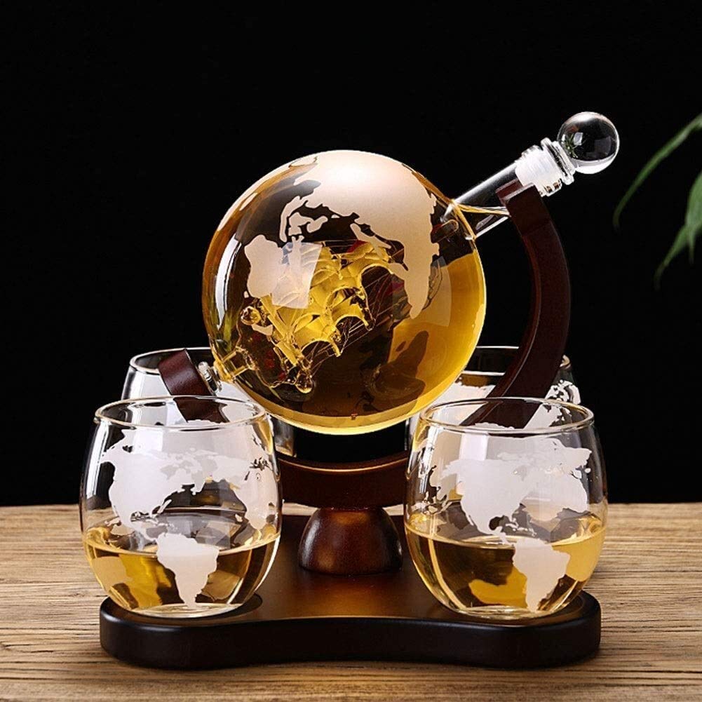 Stojak na butelki Stojak na wino Uchwyt na kieliszki do wina Karafka Globe Zestaw upominkowy 5 sztuk Szklanki Kamienie whisky Szklany korek Zestaw upominkowy z karafką z 4 szklanymi kubkami Globe Cr
