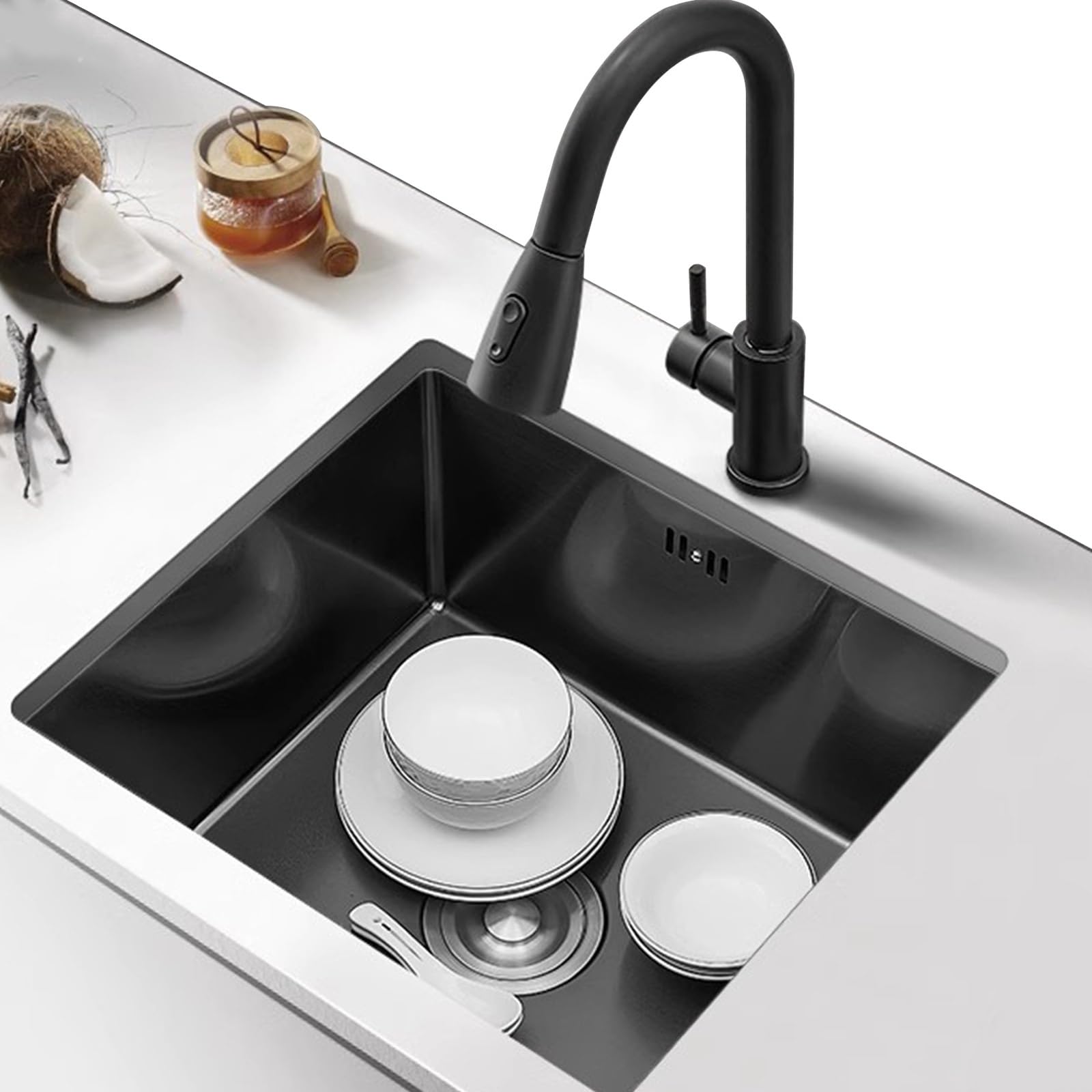 Évier de cuisine noir en acier inoxydable 28x42x22cm avec robinet extractible