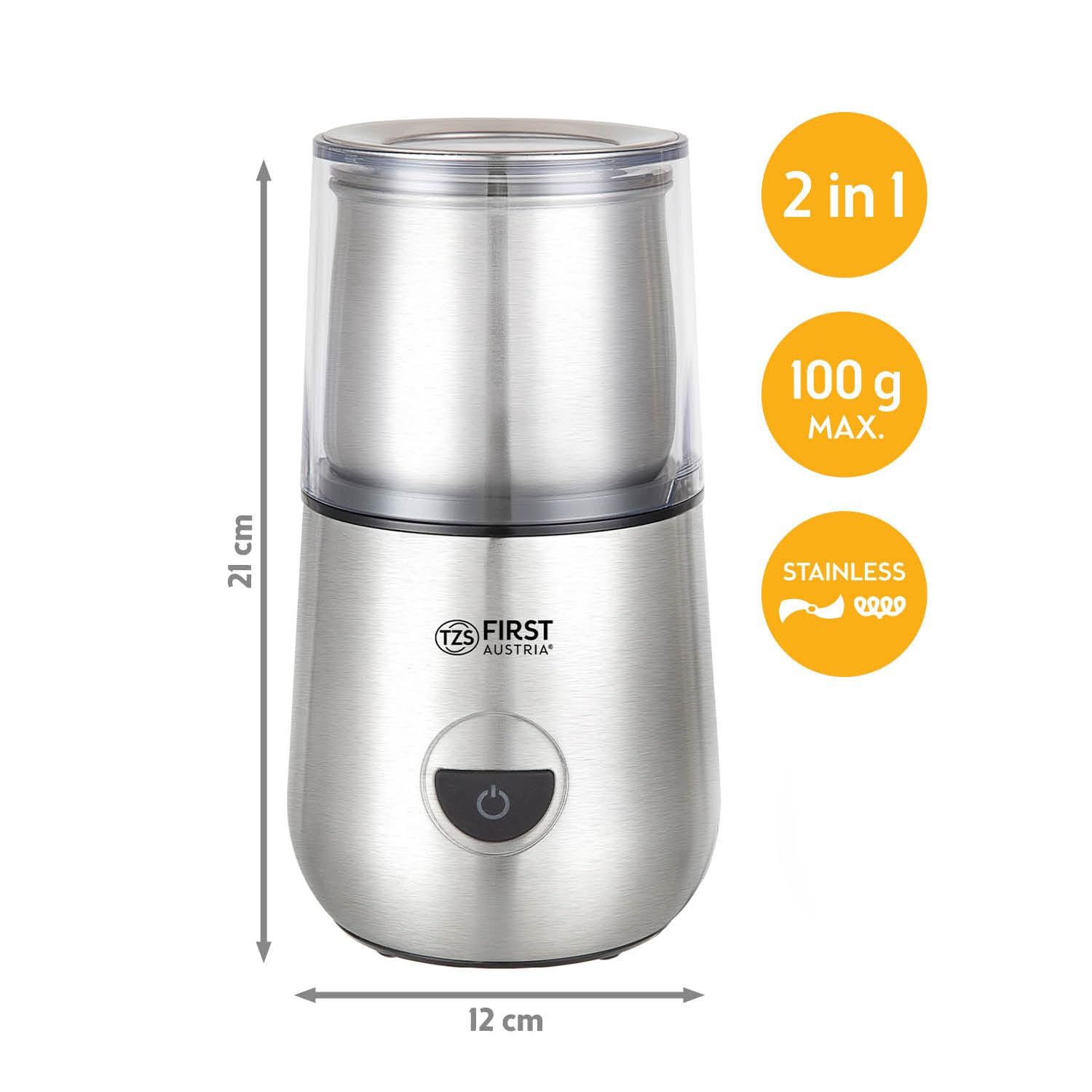 TZS FA Molinillo de Café Eléctrico y Espumador de Leche 2 en 1, 200W, 28000 RPM, 2 Vasos de Acero Inoxidable Desmontables 100g/100ml, 2 Velocidades, Plata