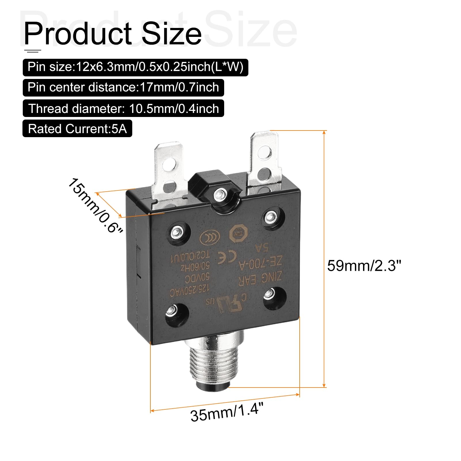 DMiotech 5A Thermal Circuit Breaker 125/250V AC 50V DC 2.3x1.4x0.6" Manual Reset Overload Protector with Quick Connect Terminal and Waterproof Cap for Overload Protection - Image 2