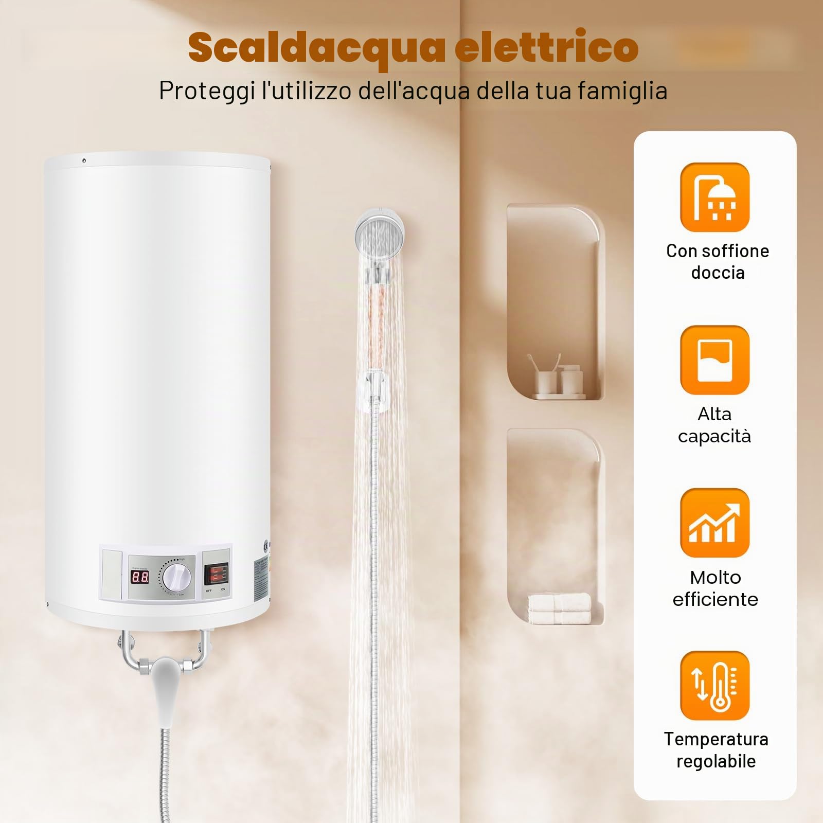 Scaldabagno elettrico per doccia e serbatoio di acqua calda da 2000W - Scaldabagno elettrico 80L | 25-75°C | Contenitore interno smaltato | Mantenimento automatico del calore | Incl. soffione per