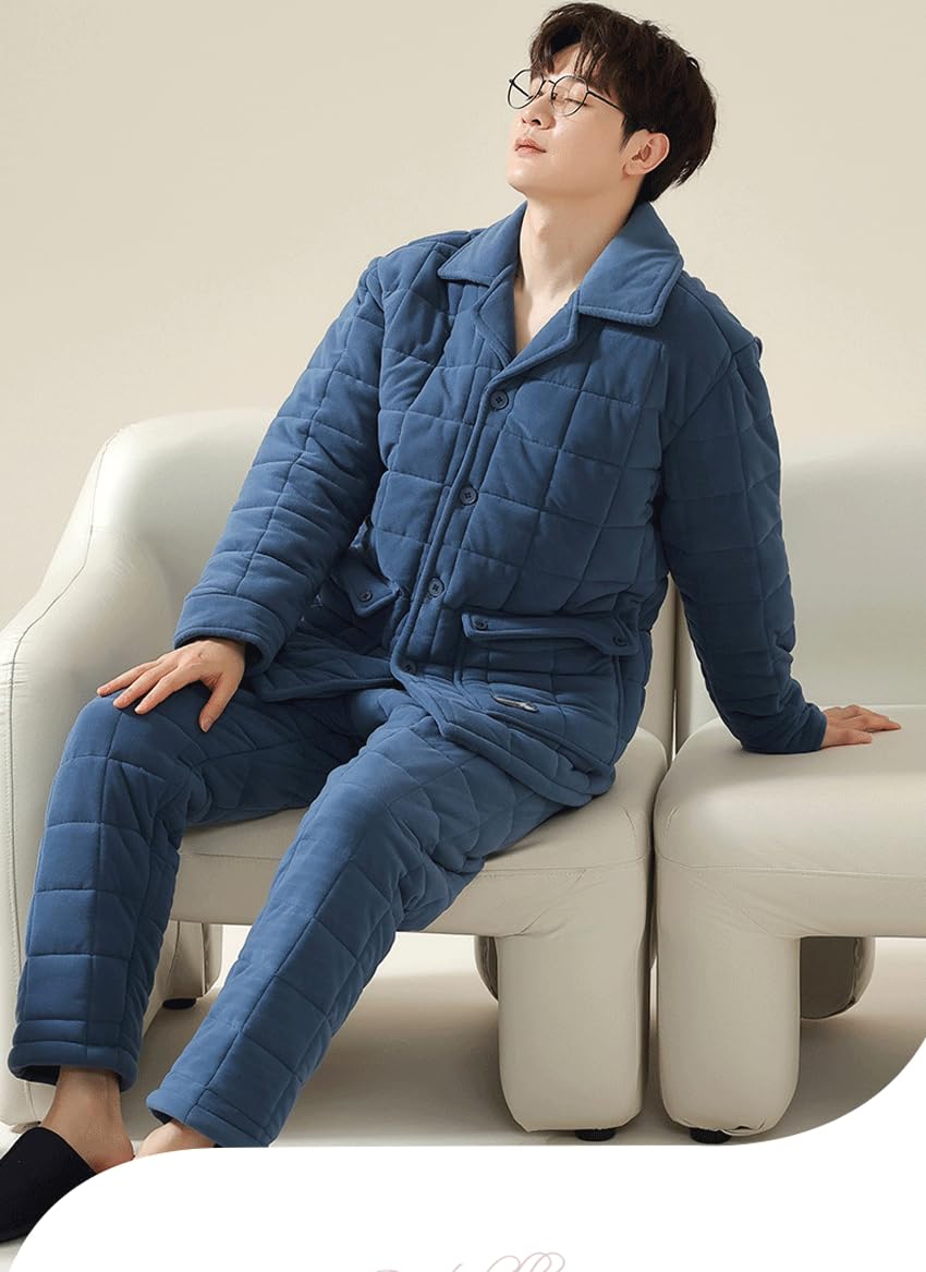LVTFCO Pijama de la Solapa de los Hombres de otoño e Invierno Engrosada Bebe Terciopelo de Manga Larga Homewear Pantalones Calientes de Gran Bolsillo