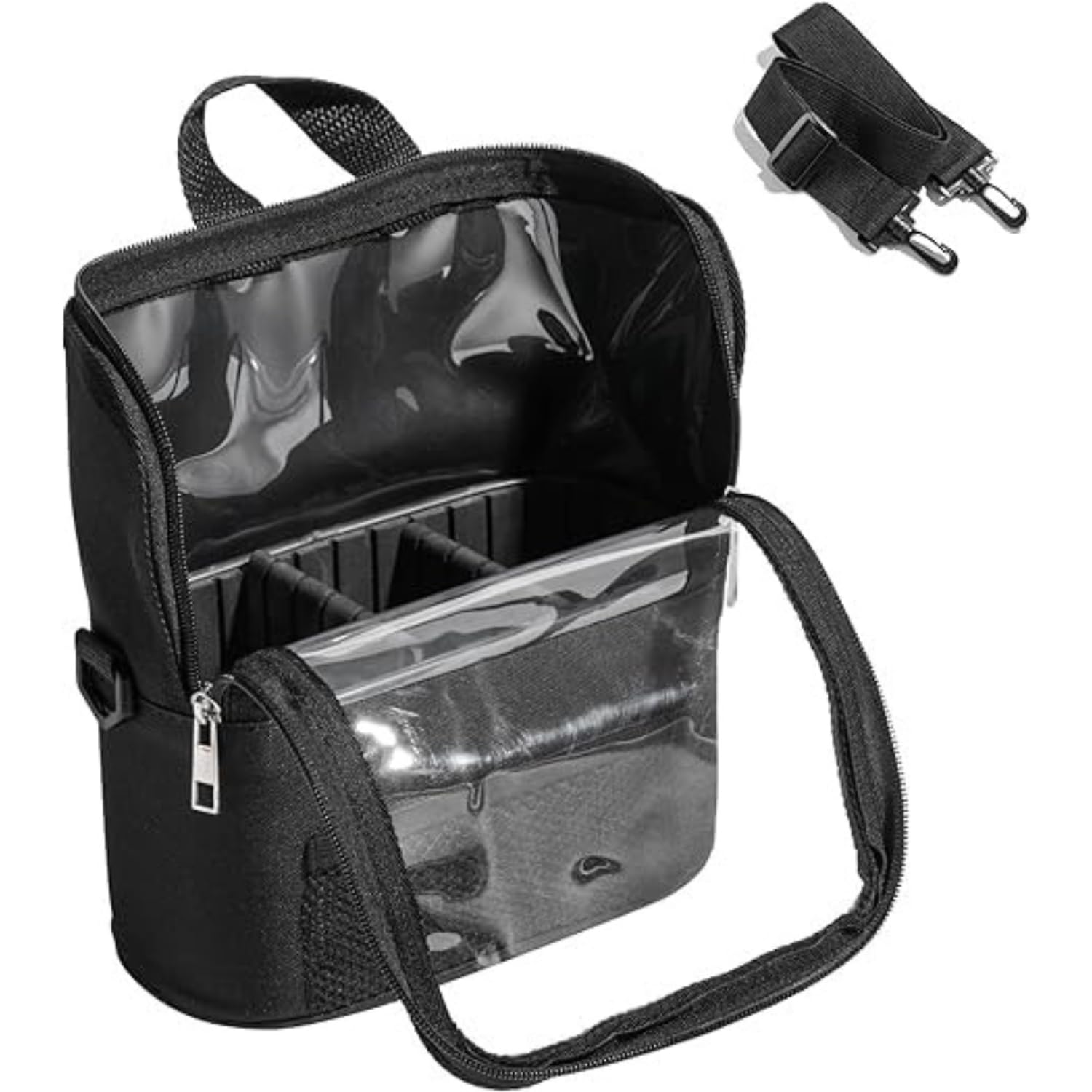 Transparent Pro PVC Clear Brush Holder Bag with Shoulder Belt | Toiletry Storage Organizer Lightweight Dustproof with Removable Partitions for Makeup Artist Tools Cosmetics Pouch (Pack of 1)-image-3