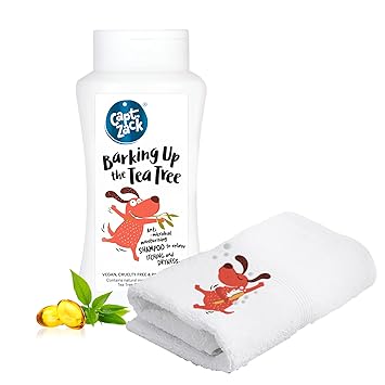 Captain Zack Combo| Barking Up The Tea Tree Anti-Microbial, Anti-Bacterial & Anti-Dandruff Dog Shampoo 200 ml + Signature Hand Towel 200 g for Quick Absorbent, Fast Drying & Ultra Soft for Pets