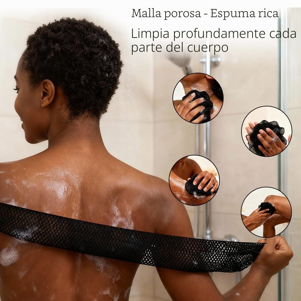 Exfoliante Esponjas Africanas, Esponja de Red Africana con Cordón, Esponja de Baño Larga de Secado Rápido, Mucha Burbuja, Red de Nailon Africano para el Baño y La Exfoliación Diarios(Negro)