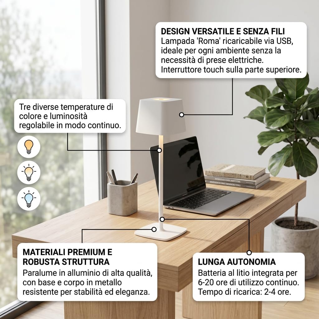 DiKasa Lampada da Tavolo LED Touch Roma Bianca Senza Fili Ricaricabile USB con 3 Temperature di Luce e Intensità Regolabile, Lampada Moderna in Metallo e Alluminio 10x37,5 cm