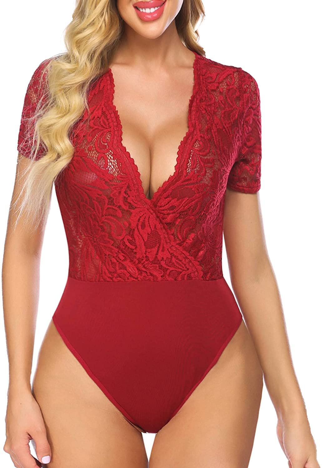Avidlove Damen Lace Body Sexy Kurzarm Bodysuit Bluse V Ausschnitt Mesh Tops Elegante Oberteile Mit Snap Crotch