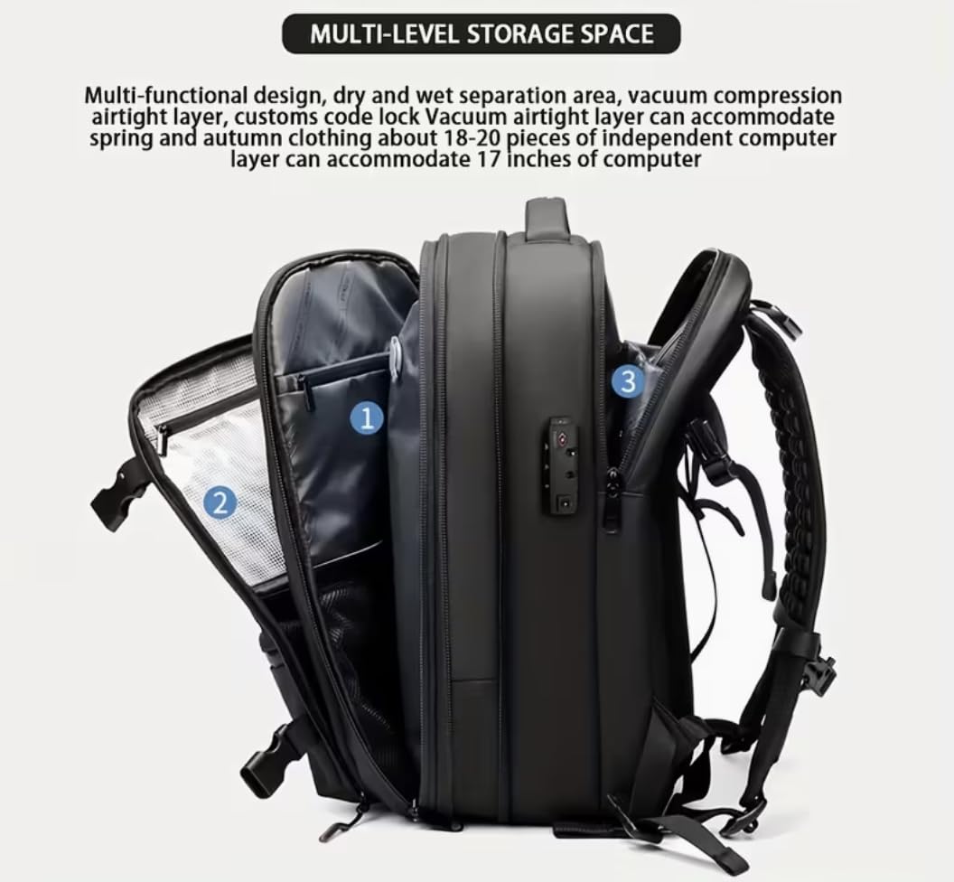 Sac à dos de voyage à compression sous vide avec serrure à combinaison, compartiment pour ordinateur portable de 17 pouces et manchon de chariot - Sac à dos robuste de haute qualité pour la randonnée