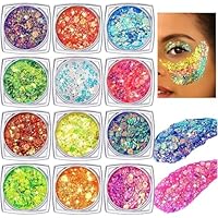 Festival Glitzer Gesicht, 12 Stück Body Glitter Gel Chunky Sequin Face Body Glitter Festival Zubehör Accessoires Gadget, Haar Glitzer Festival Gesichtsglitzer Halloween Schminke Karneval Körperglitzer