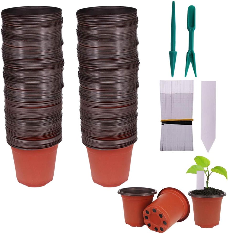 Huvai Huvai 100 Pcs 4" Plastic Seedlings Plants Nursery Pots 100 Pcs Waterproof Plastic Plant Tags 2Pcs/Set Transplanting Digging Mini Tools