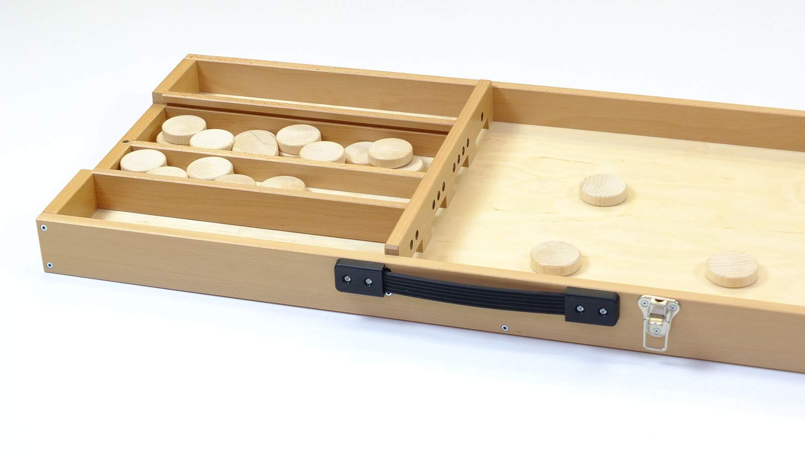 Shuffelboard faltbar/Sjoelbak opvouwbaar/Dutch Shuffleboard Foldable/Mit Offiziellen Wettkampfmaßen und mit 30 hohlgeschliffenen Spielsteinen/Made in Germany