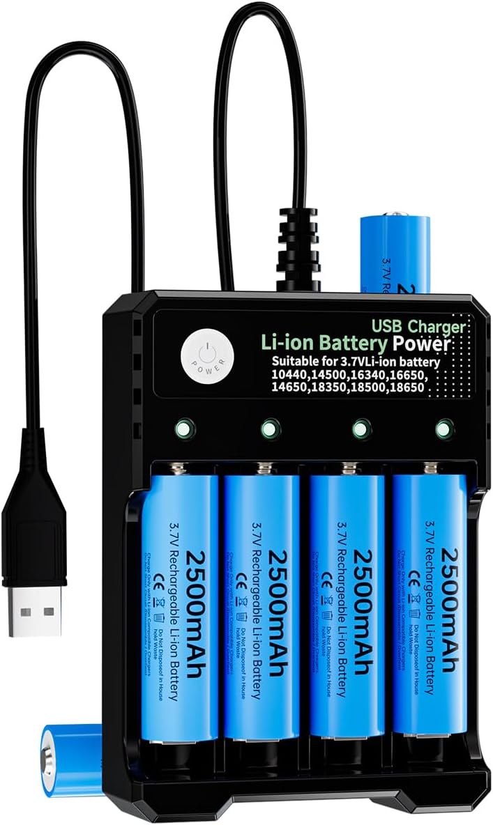 4-Slot 18650 Battery Charger Button Top Set for Flashlights,Universal 3.7V Li-ion Batteries Charger for 18650 26650 18500 16650 14500(No Suitable for nimh & Other 1.5V Batteries)