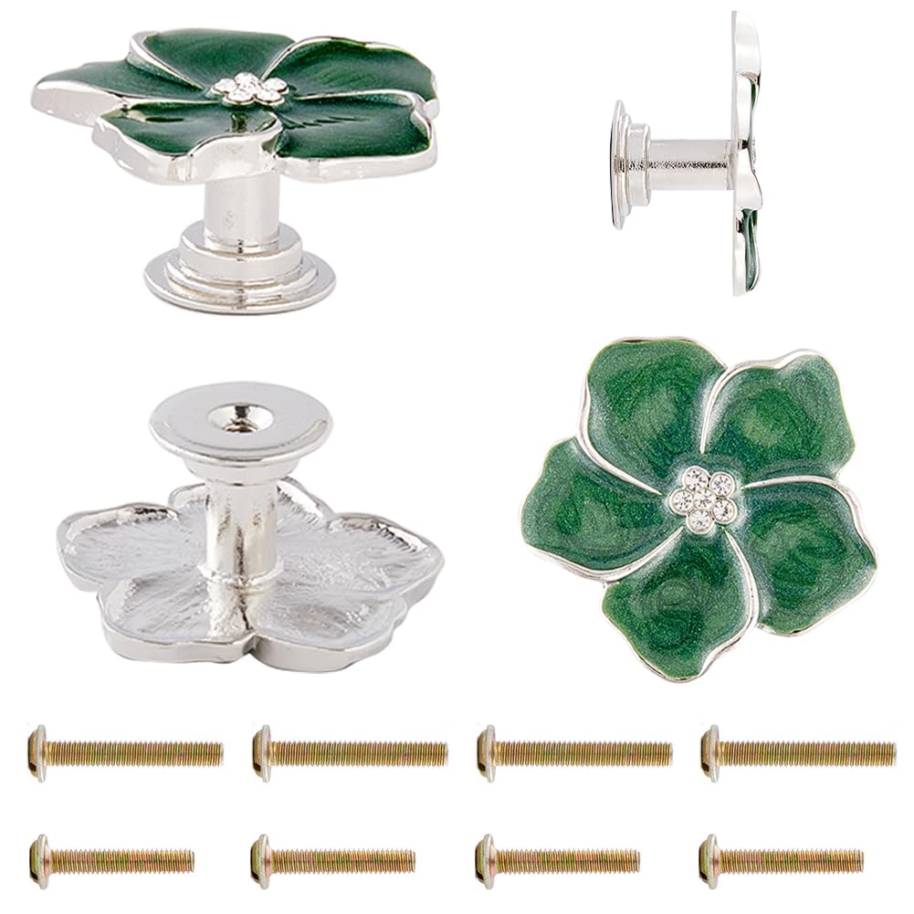 GORGECRAFT 4Pcs Flower Shape Drawer Knobs Floral Drawer Pulls Green Flower Drawer Pull Handle with Carbon Steel Screws Cabinet Dresser Door Pulls for Kitchen Furniture Cabinet Wardrobe Decorate Handle