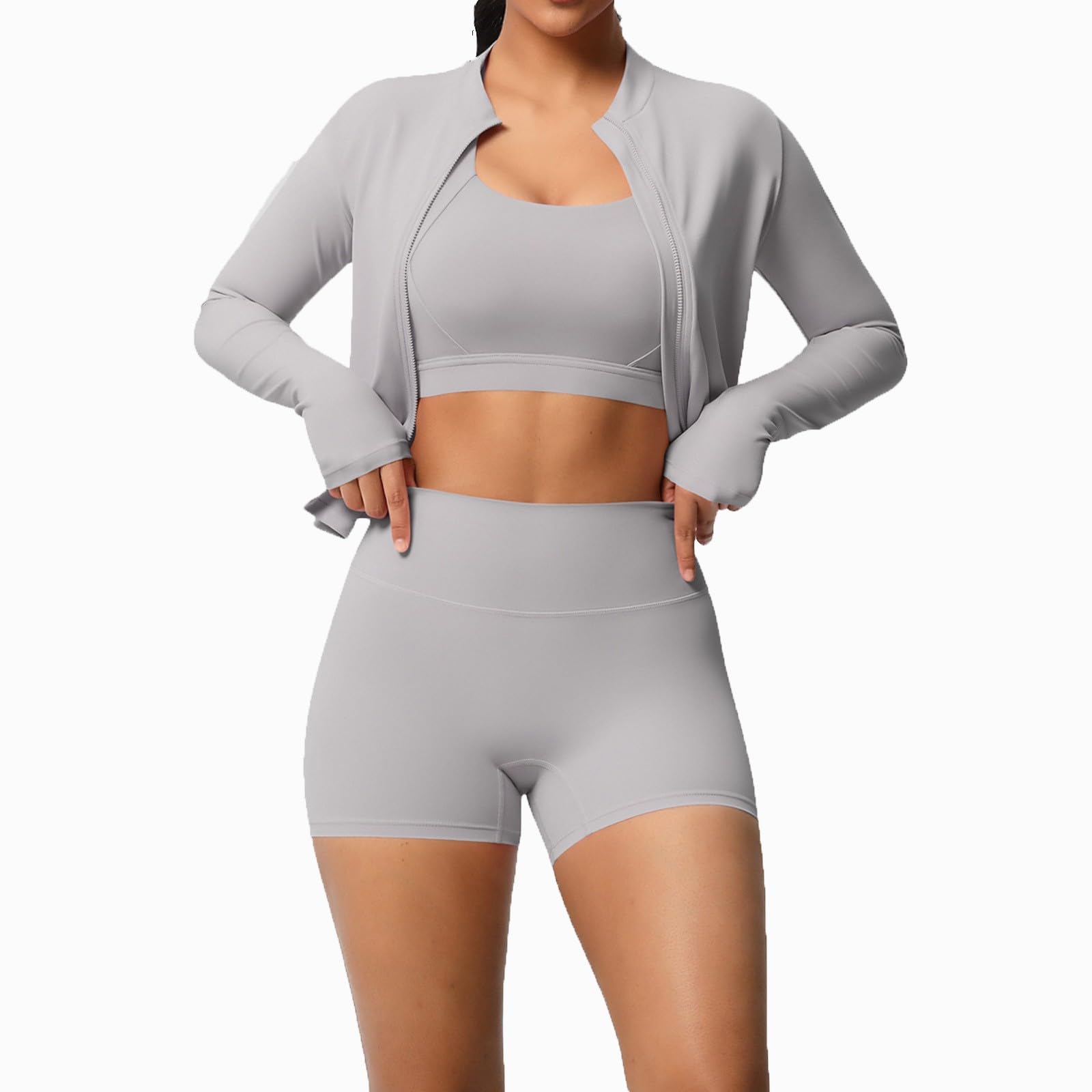Generisch Traje de yoga para mujer, chándal de 3 piezas, cintura alta, camiseta sin vientre, chaqueta y pantalones cortos para correr, entrenamiento, gimnasio, ropa deportiva, ropa de ocio, ropa de