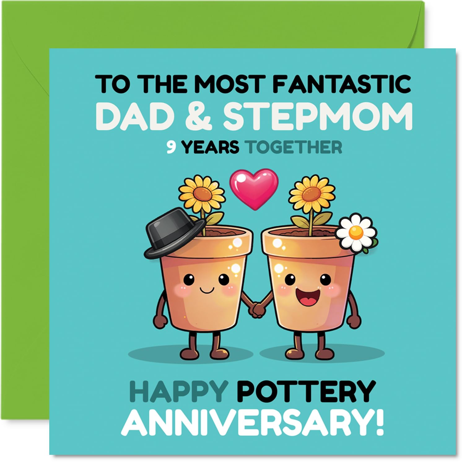 Playful 9th Anniversary Card for Stepmum & Dad - Celebrate Nine Years with a Pun - Cartoon Flower Pots Holding Hands in Bright Colours - 145mm Square, Envelope Included