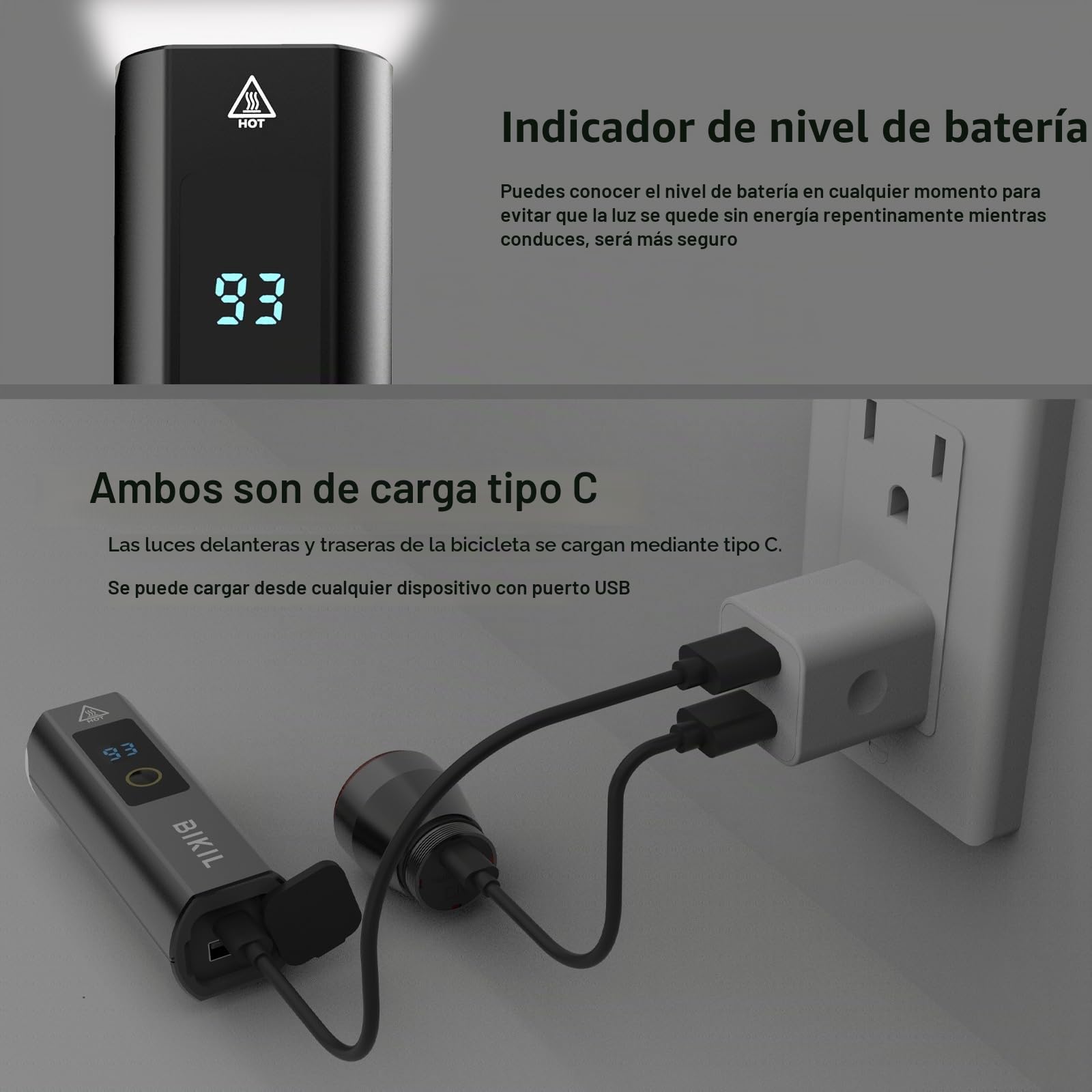 BIKIL Luces Bicicleta Delantera y Trasera y Soportes de Aluminio Luz Trasera Inteligente Luz Bicicleta Recargable USB C de 5000 mAh con indicador de Nivel de batería Linterna Bicicleta Potente led
