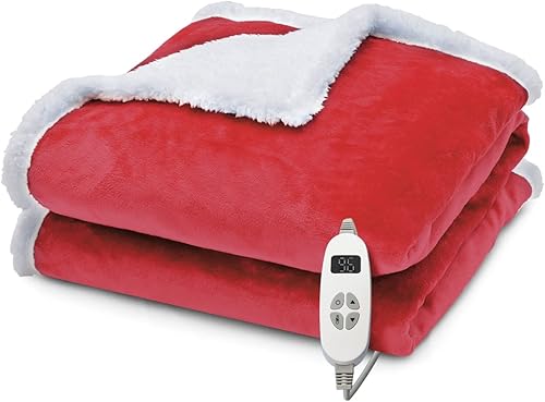 PETSITE Manta térmica eléctrica manta reversible de franela y sherpa de 60 x 50 pulgadas con 10 ajustes de calor y apagado automático de 9 horas