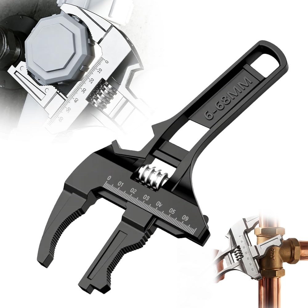Gyjzzw Black Wide Jaw Adjustable Plumbing Wrench, Short Handle Stubby Adjustable Wrench With 68Mm Wide Opening, Heavy-Duty Steel Repair Tool For Faucet, Pipe, Confined Space (Black)