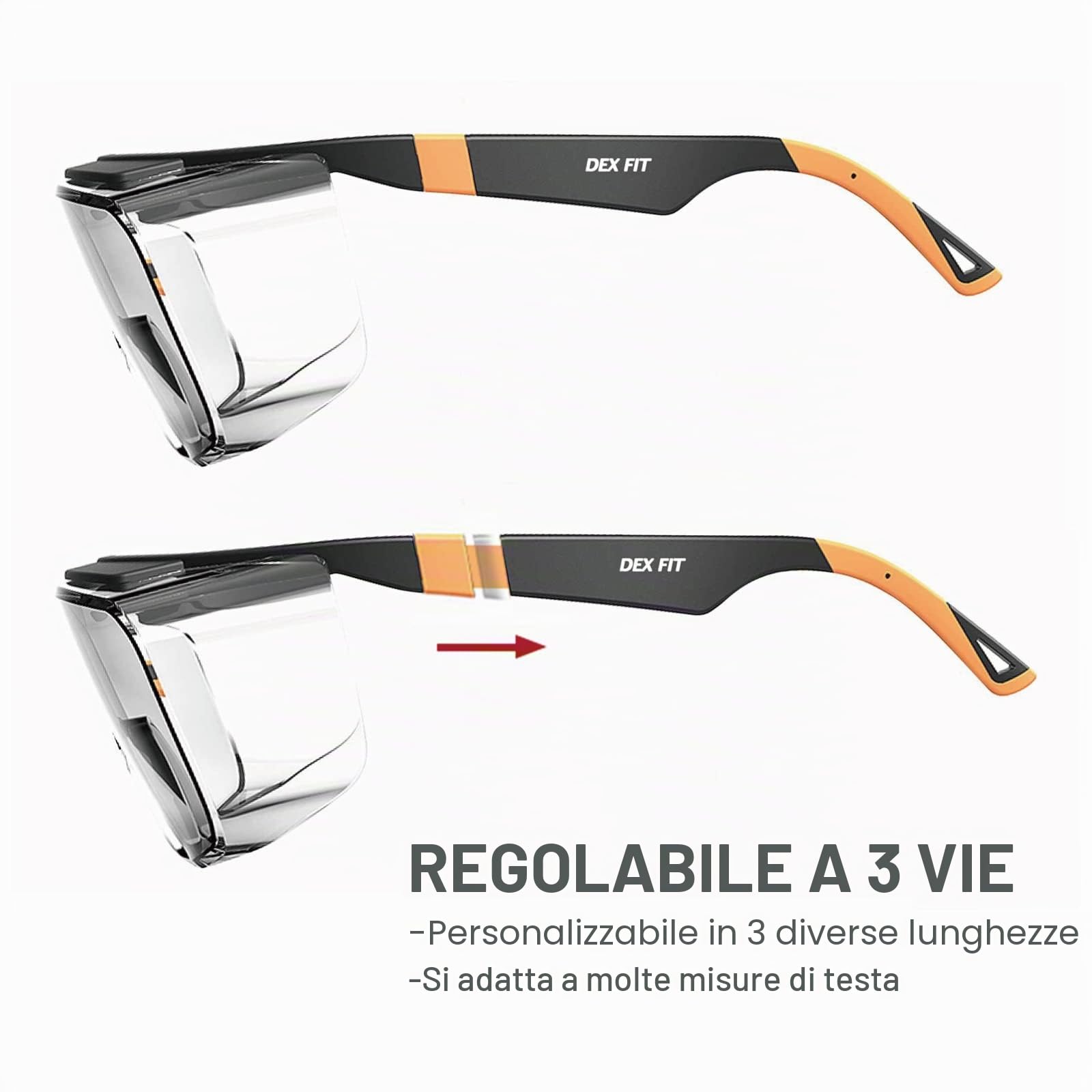 DEX FIT Occhiali SG210 sopra gli occhiali - Anti-appannamento & Anti-graffio Z87.1, Aste regolabili, Protezioni laterali, Protezione UV, Lenti trasparenti, Uomo & Donna; Nero & Arancione, 6 pz