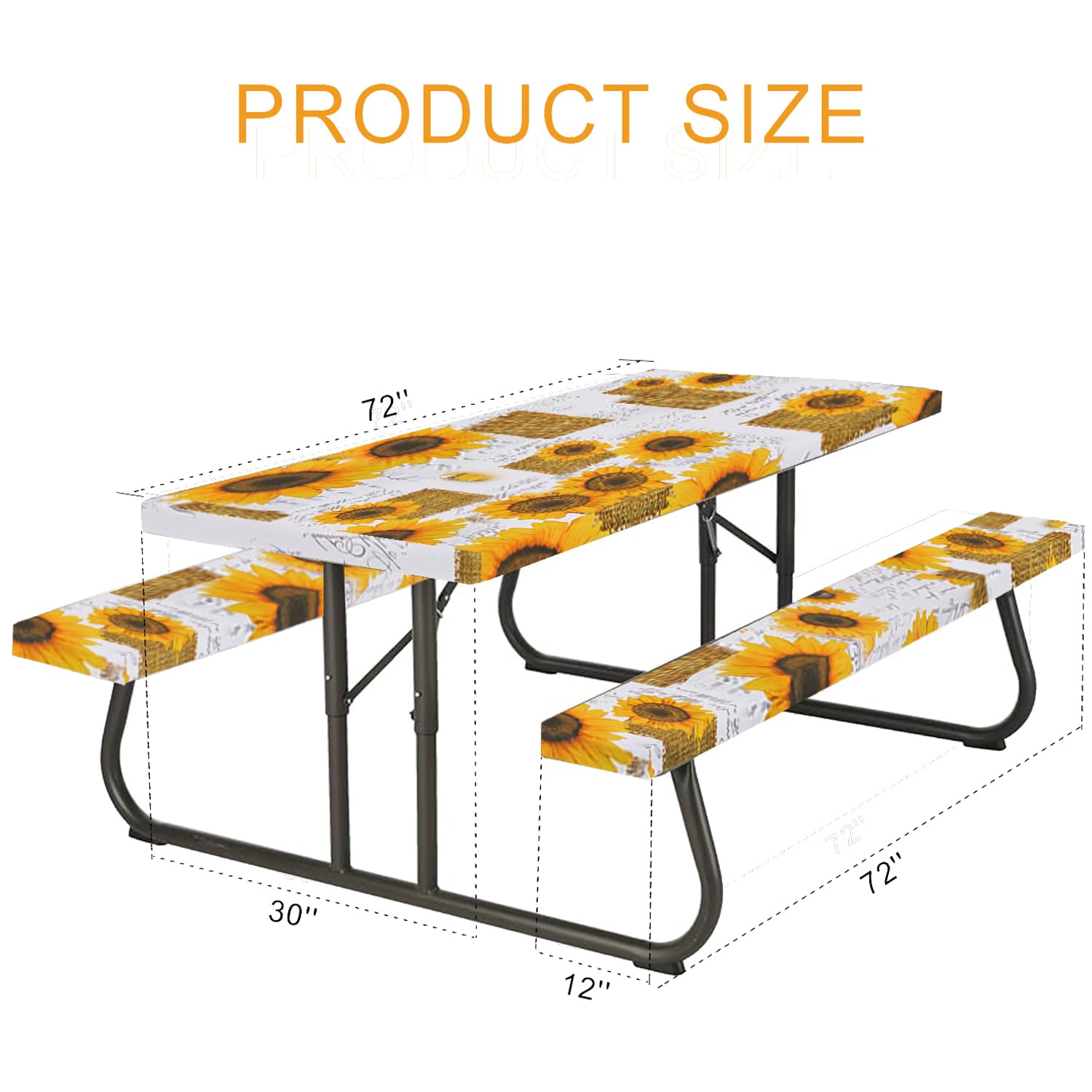 3 Pcs Sunflower Fitted Picnic Table Cover with Bench Covers, Waterproof Outdoor Bench Covers, Vinyl Picnic Tablecloth Elastic Tablecloths for Picnic Tables for Picnic Barbecue Outdoor Family Party