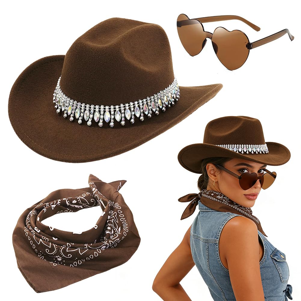 VorPrillynt Cowboy Hat Set 3PCS Western Cowboy Hat Set with Unique Bull Head Sunglasses and Square Scarf Costume Accessories Multi Functional for Cowgirl Theme Bachelorette Party 7