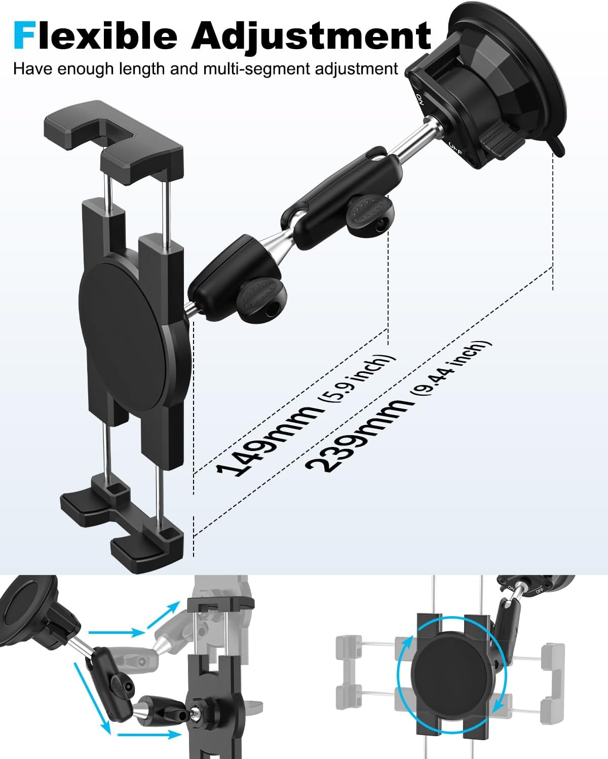 Suction Cup Tablet Holder for Car Dashboard Windshield for 4"-13" Foldable Phone & iPad - 360° Rotation Window Car Tablet Mount for iPad Pro Air Mini, iPhone, Galaxy Tab, Fold 7 6 5 4 3 2, Google Fold