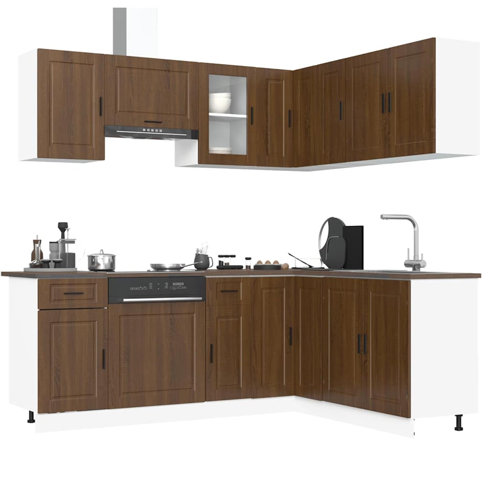 Homgoday Porto Küchenzeile 11-teilig mit Spüle & H?ngeschr?nken, Braun Eichen-Optik, Holzwerkstoff & Glas, 80-80 cm (B x H) Model3314968