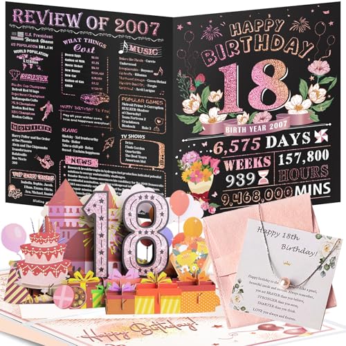 18th Birthday Gifts for Girls - Upgraded 3D Pop Up 18th Birthday Card & S925 Sliver Pink Pearl Necklace, Funny 18 Year Old Birthday Gift Ideas for Niece Daughter Granddaughter, Back in 2007 Gifts