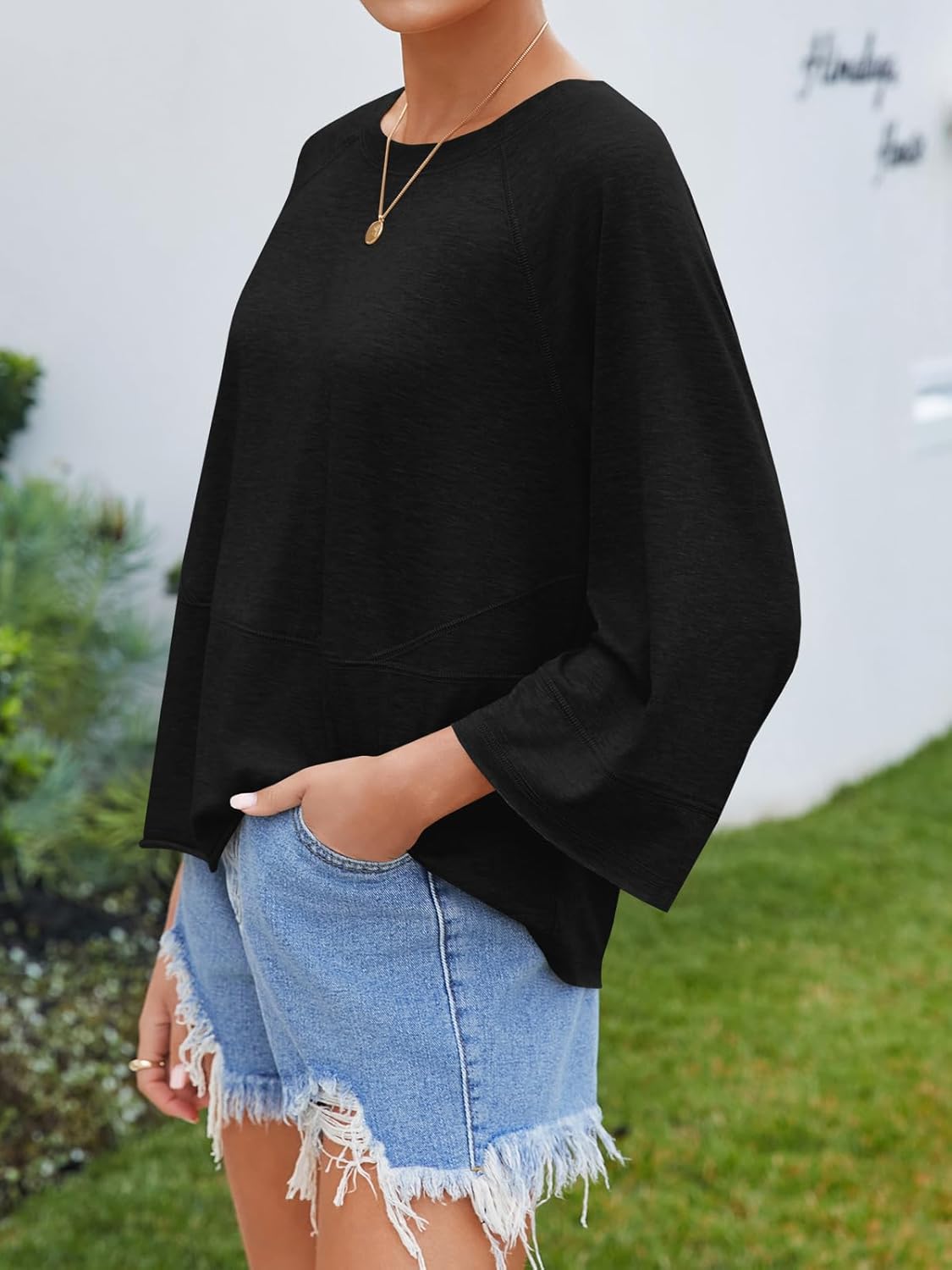 Tankaneo Womens 3/4 Batwing Sleeve Tops Casual Loose Fit Crewneck Shirts Fall Flowy Trendy Tees Blouse - Image 4