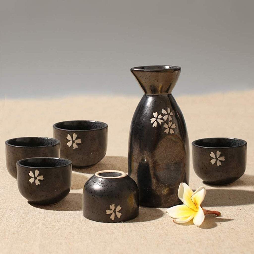 Ensemble de tasses à saké traditionnelles peintes à la main, 5 pièces de verres à vin en céramique noire avec motif de flocon de neige japonais peint à la main, pour froid/chaud/shochu/thé 8.8